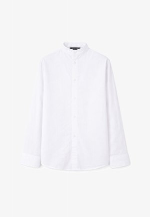 Camicia bianca a maniche lunghe con bottoni, colletto alla coreana e polsini standard, mostrata su uno sfondo bianco uniforme.