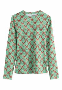 Long-sleeve shirt in mint green cotton with all-over red bow and deer print, featuring a ribbed texture and round neckline.