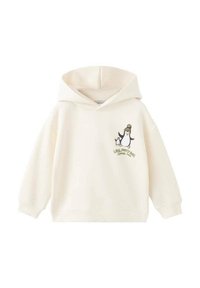 Haut à capuche de couleur crème en tissu doux avec une grande poche avant. Il présente un graphique de pingouin sur la poitrine et une capuche avec cordon de serrage.