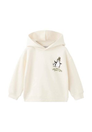 Kremowa bluza z kapturem wykonana z miękkiego materiału, z dużą kieszenią z przodu. Posiada grafikę pingwina na piersi oraz kaptur ze sznurkiem.