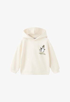 Krämfärgad hoodie i mjukt material med en stor ficka framtill. Den har en pingvin-grafik på bröstet och en dragsko för huvan.