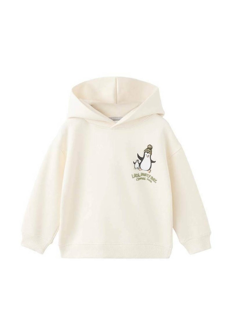 Haut à capuche de couleur crème en tissu doux avec une grande poche avant. Il présente un graphique de pingouin sur la poitrine et une capuche avec cordon de serrage.