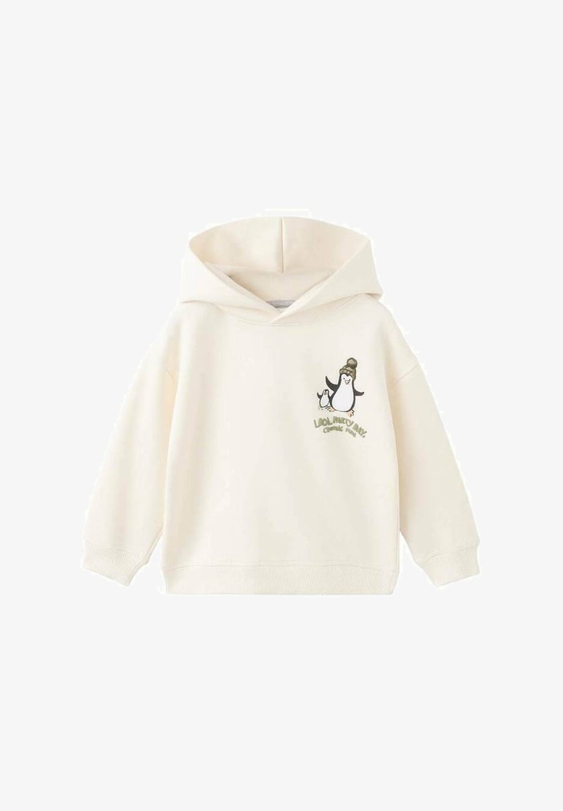 Krémová mikina s kapucí vyrobená z měkké tkaniny, s velkou přední kapsou. Na hrudi má grafiku tučňáka a je vybavena stahovací kapucí.