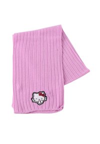 Roze geribde sjaal met een Hello Kitty-patch aan de onderkant. Zachte gebreide textuur met een eenvoudig ontwerp en geen extra patronen.