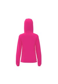 Aansluitende roze hoodie met een gladde textuur, lange mouwen en een capuchon. Heeft een eenvoudig ontwerp zonder versieringen.