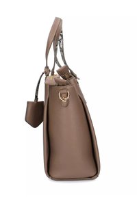 Borsa a mano in pelle marrone con un design strutturato, accenti in metallo dorato e una tracolla decorata. La vista laterale mostra una forma rettangolare.