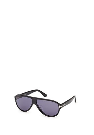 Occhiali da sole neri in stile aviatore con lenti scure e aste sottili, posati su una superficie bianca.