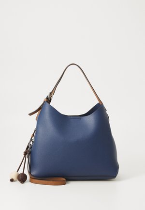 Navy blue leather handbag with a slouchy shape and a brown leather strap. Features a drawstring with decorative beads for added detail.