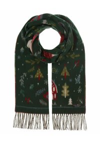 Écharpe vert foncé avec motifs de sapins de Noël, baies, flocons de neige, maisons, et extrémités à franges, pliée en forme circulaire.