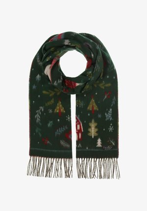 Écharpe vert foncé avec motifs de sapins de Noël, baies, flocons de neige, maisons, et extrémités à franges, pliée en forme circulaire.