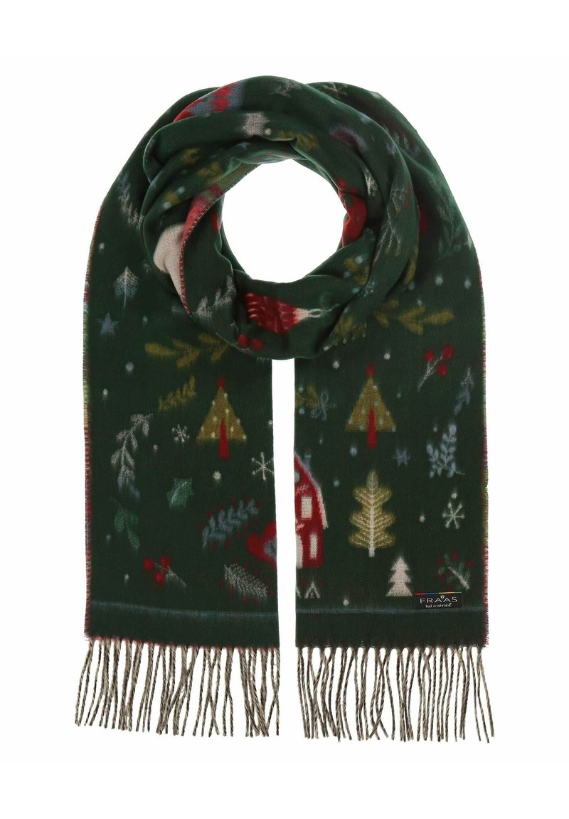 Écharpe vert foncé avec motifs de sapins de Noël, baies, flocons de neige, maisons, et extrémités à franges, pliée en forme circulaire.