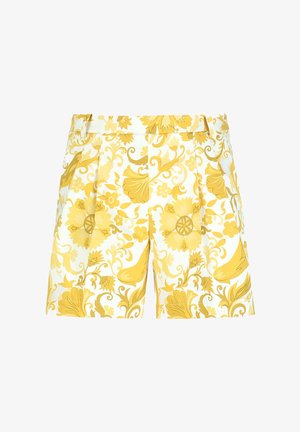 Biele šortky s vysokým pásom, žltými kvetinovými a listovými vzormi, s prednými záhybmi a pútkami na opasok, zobrazené na bielom pozadí.