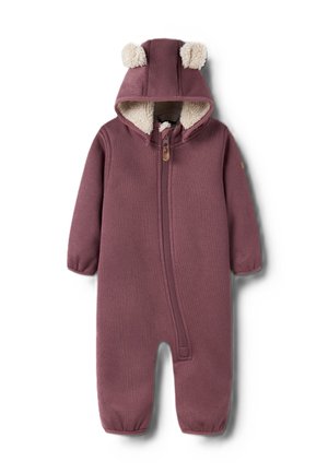Combinaison bébé en polaire prune avec capuche, oreilles d'ours en peluche et doublure sherpa crème, avec une fermeture éclair diagonale à l'avant.