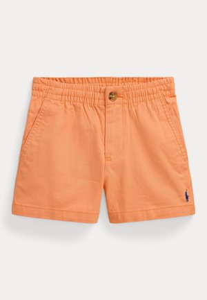 Shorts orange pour enfants avec taille élastique, fermeture par bouton, poches latérales et petit logo brodé bleu sur la jambe droite en bas.