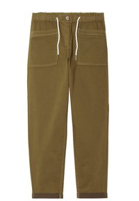 Pantalons en coton kaki avec une taille élastique, cordon de serrage et deux poches avant. Jambes fuselées avec un détail de revers légèrement plus foncé.