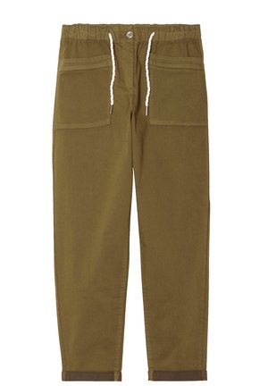 Khakifarbene Baumwollhose mit einem elastischen Bund, Zugband und zwei vorderen Taschen. Schmal zulaufende Beine mit einem etwas dunkleren Saumdetail.