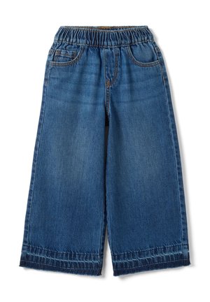Pantalones anchos de mezclilla azul para niños con cintura elástica y bolsillos delanteros, mostrados planos sobre un fondo blanco.