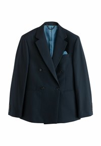 Dunkelblazer in dunkelblau mit vertikalen Nadelstreifen, ausgestattet mit satinierter blauer Innenverkleidung, Manschetten mit vier Knöpfen und einer Einstecktuch.