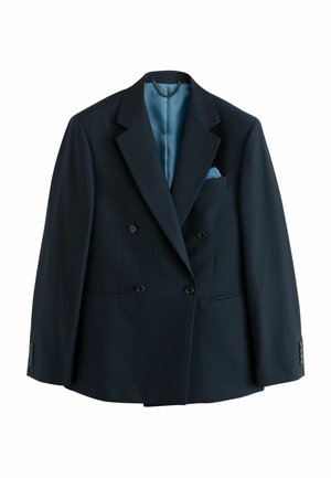 Dunkelblazer in dunkelblau mit vertikalen Nadelstreifen, ausgestattet mit satinierter blauer Innenverkleidung, Manschetten mit vier Knöpfen und einer Einstecktuch.