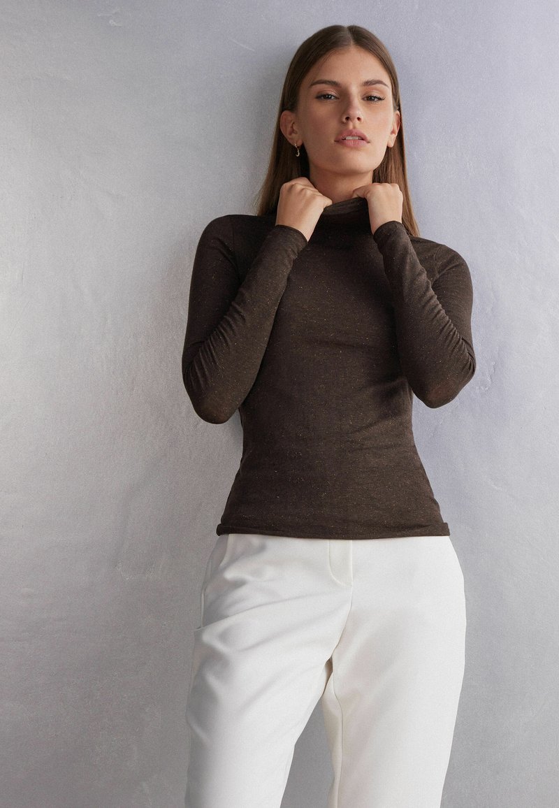 Easy Young Fashion - Body da donna termico, a maniche lunghe, con collo alto, Skinny Fit 0525, marrone, M