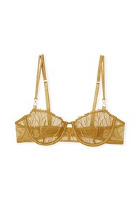 Sostén amarillo de malla con bordado floral, soporte con aros, bordes festoneados, tirantes de satén ajustables y cierre frontal.