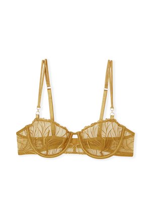 Żółty biustonosz z siateczki z kwiatową haftem, z fiszbinami, falistymi brzegami, regulowanymi satynowymi ramiączkami i zapięciem z przodu.