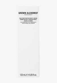 Biała prostokątna pudełko opakowania dla kremu do ciała Grown Alchemist, z czarnym tekstem podającym nazwę produktu i składniki. Rozmiar 120 mL.