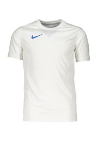 Vit kortärmad Nike-tröja med en blå swoosh-logotyp på bröstet, tillverkad av lätt, smooth tyg med en klassisk rund halsringning.