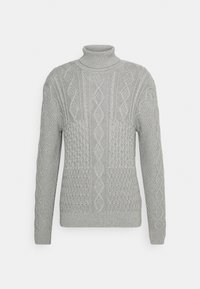 Szary dzianinowy sweter z golfem, z teksturowanymi wzorami, kablowymi motywami i prążkowanymi brzegami, wykonany z miękkiego, ciepłego materiału.