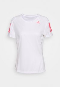 Vitt sportlinne med korta ärmar och rosa accenter på ärmarna, tillverkat av lättviktsmaterial, med rund halsringning och meshdetaljer.