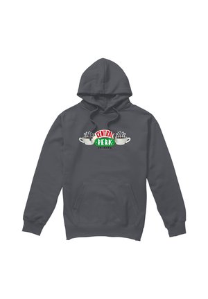 Dunkelgrauer Kapuzenpullover mit vorderer Kängurutasche und einem Central Perk Logo mit dampfenden Kaffeetassen auf der Brust.