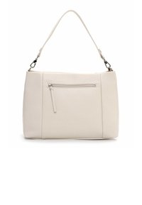 Lys beige håndtaske lavet af tekstureret læder, med en topstrop, en lynlåslomme foran og sølvfarvet hardware.