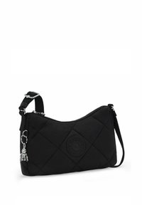 Borsa a spalla nera trapuntata con chiusura zip, dotata di una toppa rotonda con logo e un charm argentato. Include una tracolla regolabile.