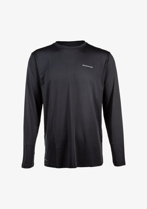 Sort træningstrøje med lange ærmer, glat syntetisk stof, rund hals, har lille "ENDURANCE" logo på brystet, tætsiddende design, letvægt.
