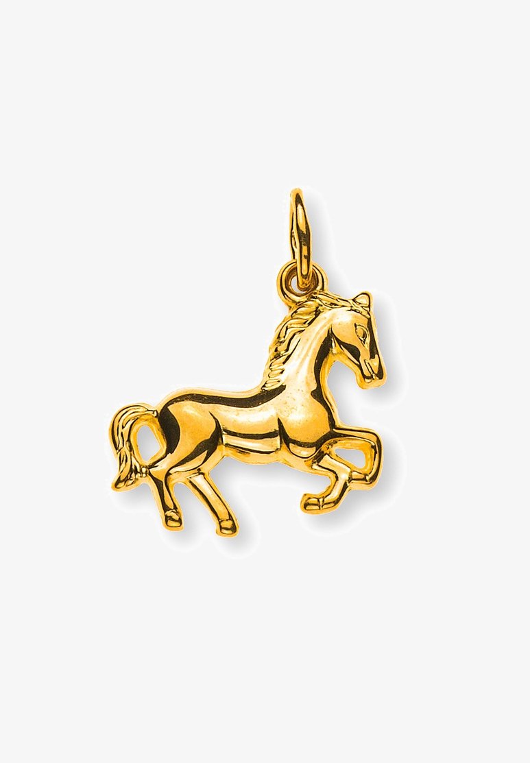 Charm en forme de cheval doré, finition polie, crinière et queue détaillées, position dynamique en train de courir, lien de fixation circulaire en haut.