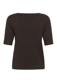 Haut en maille noire à manches courtes avec un large décolleté et des poignets ajustés aux manches, vu de dos.