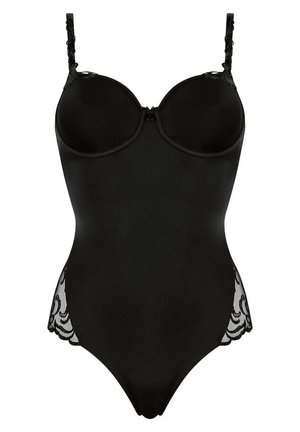 Black bodysuit with padded cups, lace side panels, adjustable straps, and a smooth texture. Lace detailing adds a decorative element.