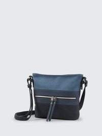 Borsa a tracolla blu in pelle con una sezione superiore texturizzata e una sezione inferiore liscia. Include una tasca frontale con zip e una tracolla regolabile.