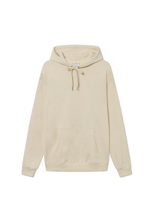 Beige hoodie with adjustable drawstring, front pocket, and ribbed cuffs. Soft fabric with a minimalistic design.