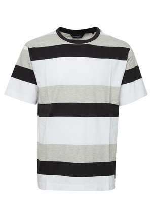Striped short-sleeve t-shirt featuring black, gray, and white horizontal stripes, round neck, and soft cotton material.