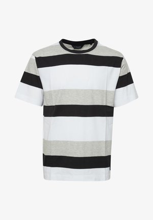 Camiseta de manga corta a rayas con rayas horizontales en negro, gris y blanco, cuello redondo y material de algodón suave.