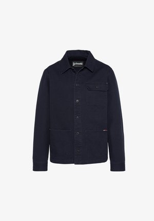 Mørkeblå jakke med knapper og krave, en brystlomme med knapklap, to åbne lommer nederst og lange ærmer.