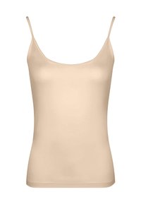 Beige mouwloze dames tanktop met dunne spaghetti-bandjes en een ronde halslijn, gepresenteerd tegen een witte achtergrond.
