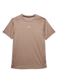 Braunes, kurzärmliges Sport-T-Shirt aus leichtem, atmungsaktivem Stoff mit einem strukturierten Muster. Verfügt über ein dezentes Logo auf der Brust.