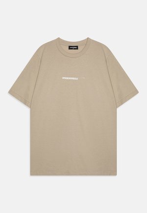 T-shirt in cotone beige con collo a giro e maniche corte, con il logo "DSQUARED2" stampato in bianco sul petto.
