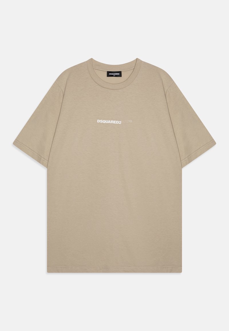 T-shirt in cotone beige con collo a giro e maniche corte, con il logo "DSQUARED2" stampato in bianco sul petto.