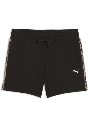 Czarne sportowe szorty z beżowymi panelami bocznymi w panterkę, elastycznym pasem z troczkiem i białym logo Puma na prawej przedniej nodze.