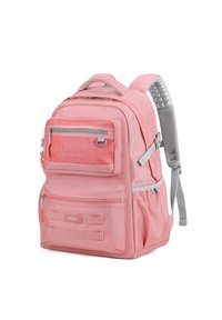 Zaino rosa realizzato in nylon resistente, dotato di numerosi scomparti con cerniera, spallacci grigi e un pannello posteriore testurizzato per maggiore comfort.