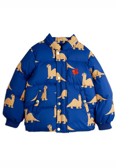 Padded jacket in bright blue with beige dinosaur patterns. Features a high collar, snap buttons, and ribbed cuffs for warmth.