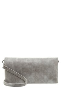 Gray suede crossbody bag with a flat rectangular shape, smooth texture, and a detachable strap. Features a subtle embossed logo detail.